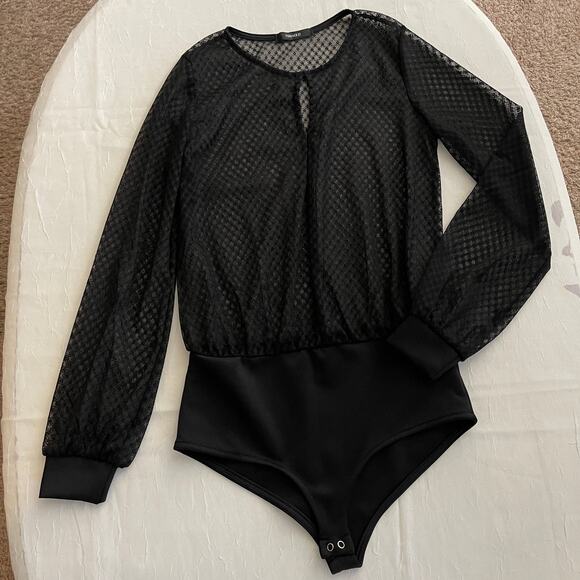 💋 Black Sheer Lattice Crosshatch Lace Bodysuit Long Sleeves Key Hole Forever 21 - Picture 14 of 16